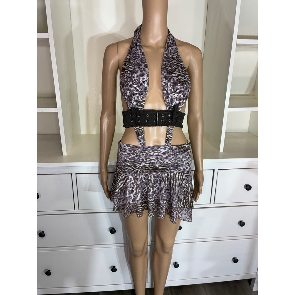 Outcast Tamara Mini Dress Women Large Brown Animal Print Lace Halter Belted